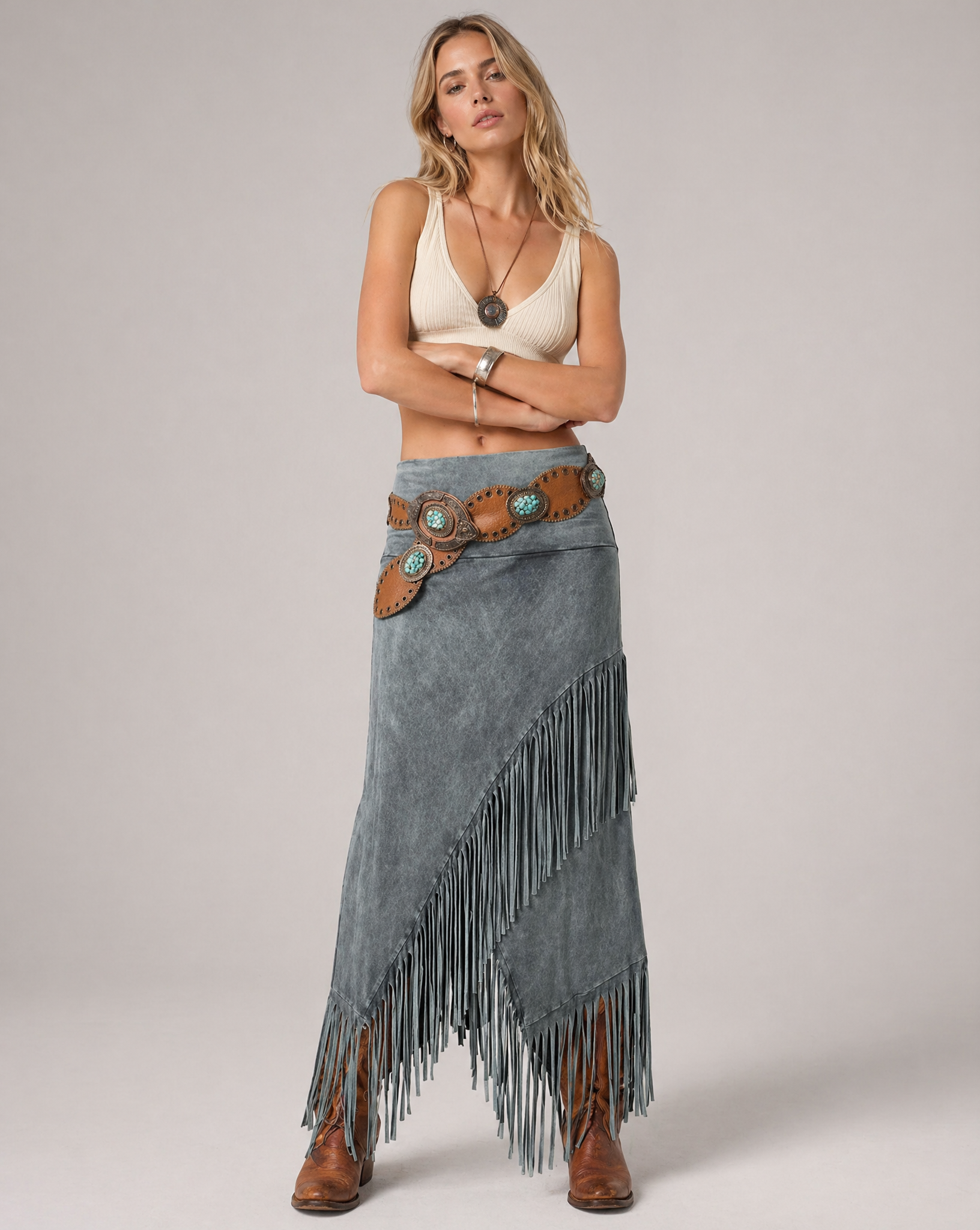 Bohemian Gray Fringe Maxi Skirt with Elastic Waist 0