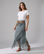 Bohemian Gray Fringe Maxi Skirt with Elastic Waist 1