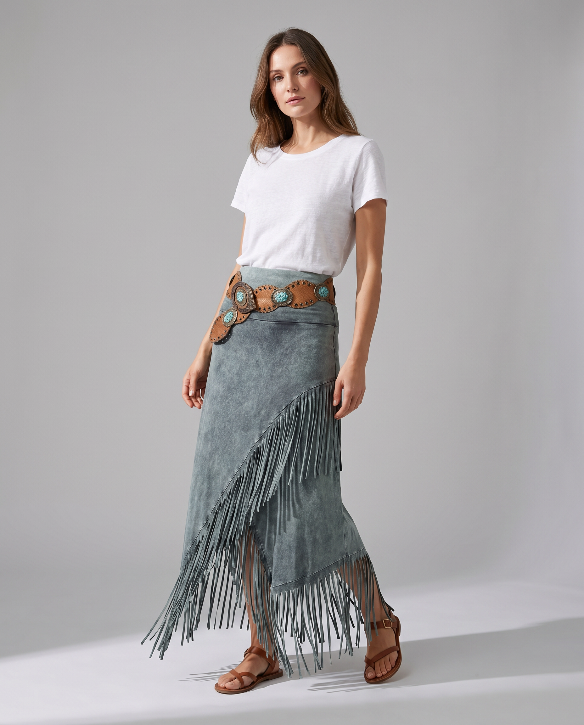 Bohemian Gray Fringe Maxi Skirt with Elastic Waist 1