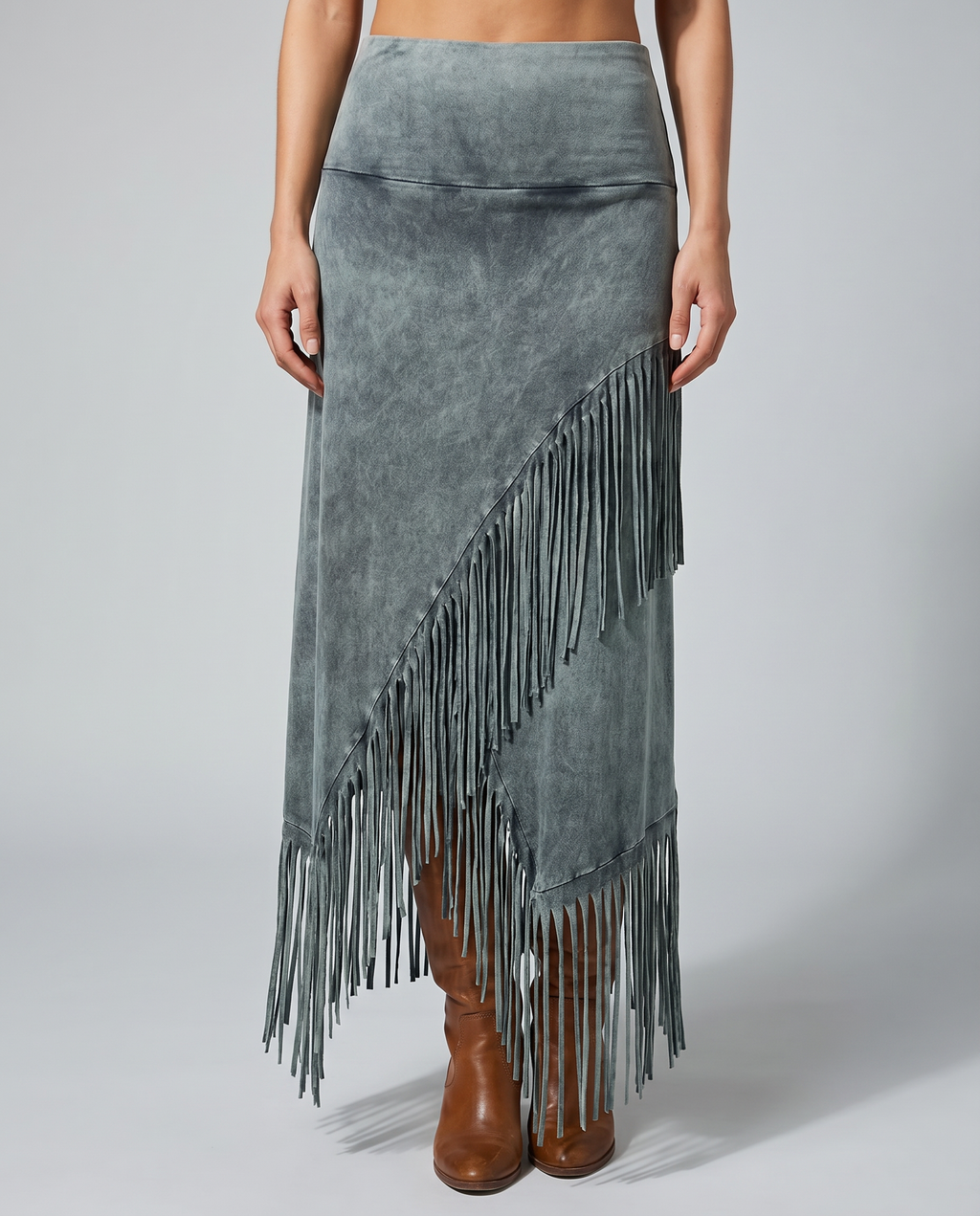 Bohemian Gray Fringe Maxi Skirt with Elastic Waist 2