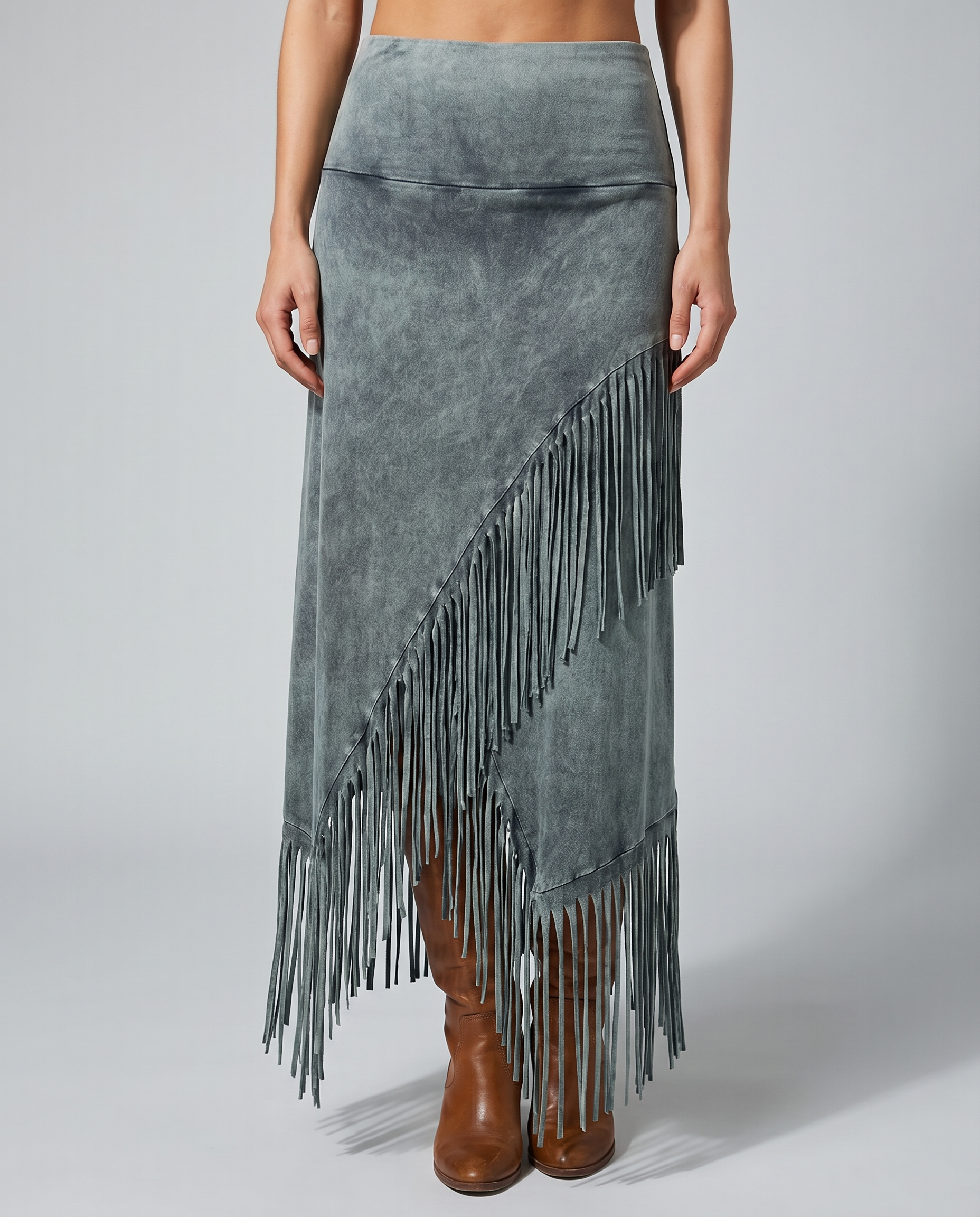 Bohemian Gray Fringe Maxi Skirt with Elastic Waist 2