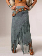 Bohemian Gray Fringe Maxi Skirt with Elastic Waist 3