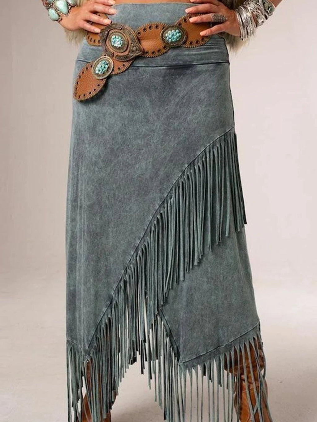 Bohemian Gray Fringe Maxi Skirt with Elastic Waist 4