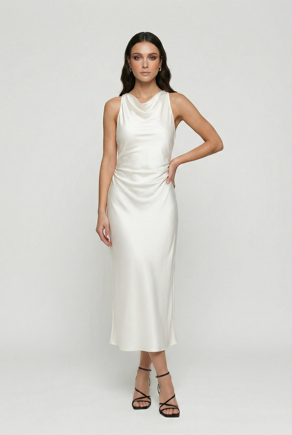 Cowl Neck Ruched Satin Midi Dress for Women 0