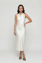 Cowl Neck Ruched Satin Midi Dress for Women 0