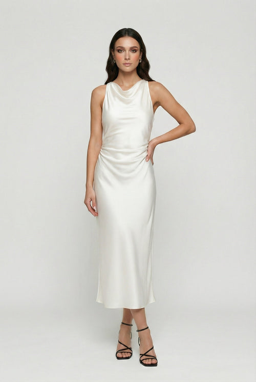 Cowl Neck Ruched Satin Midi Dress for Women 0