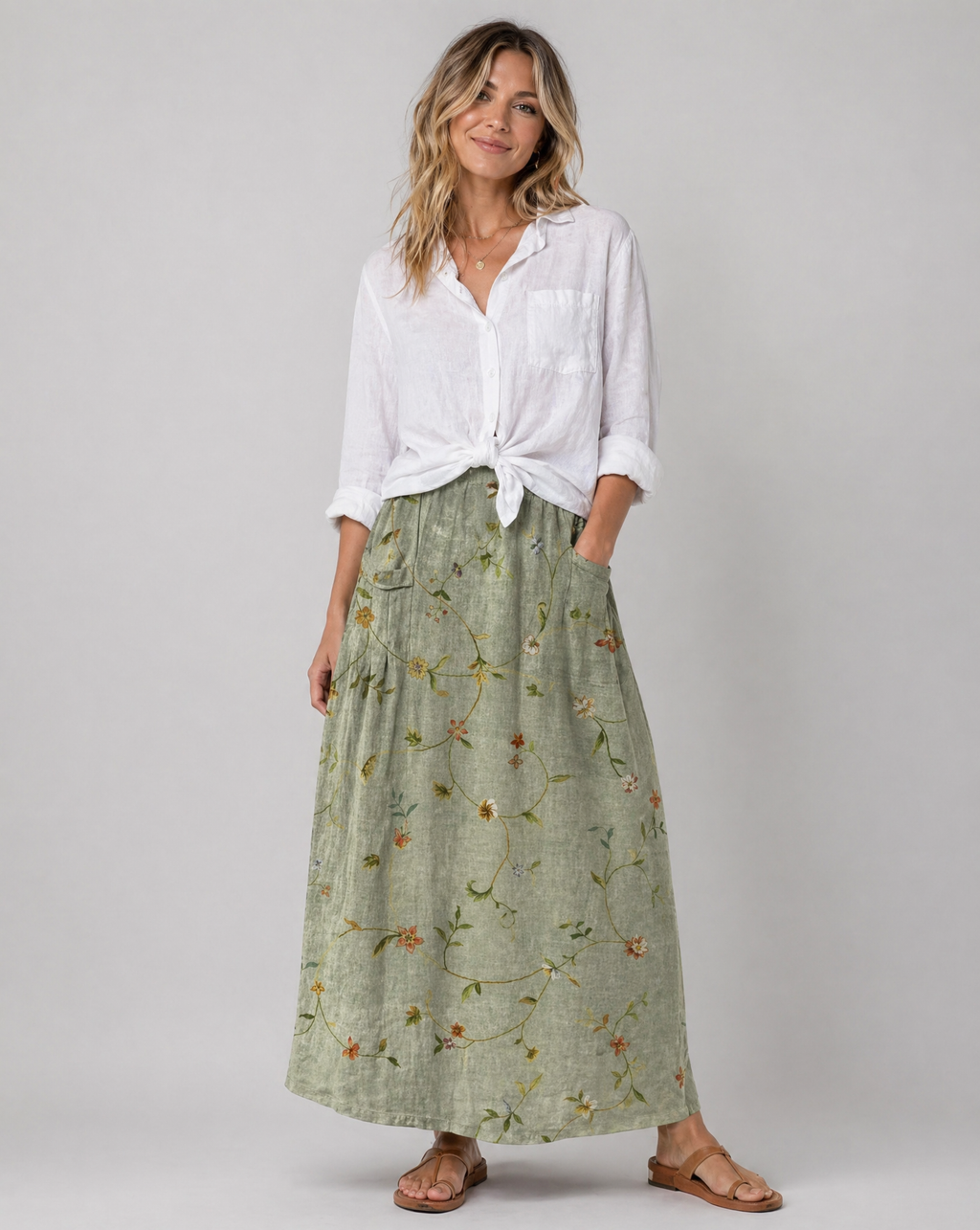 Retro Floral Art Sage Green A-Line Pocket Skirt 0