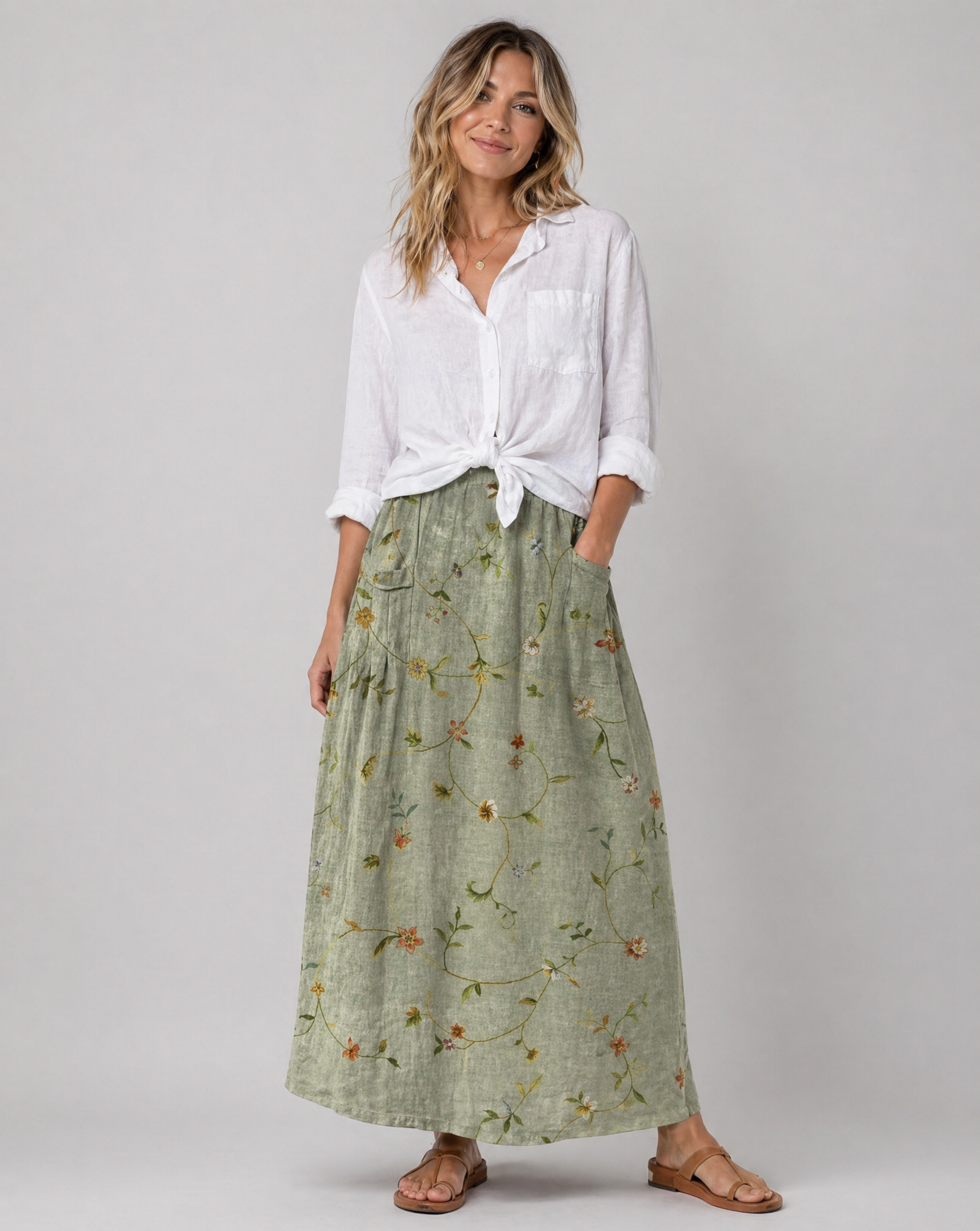 Retro Floral Art Sage Green A-Line Pocket Skirt 0