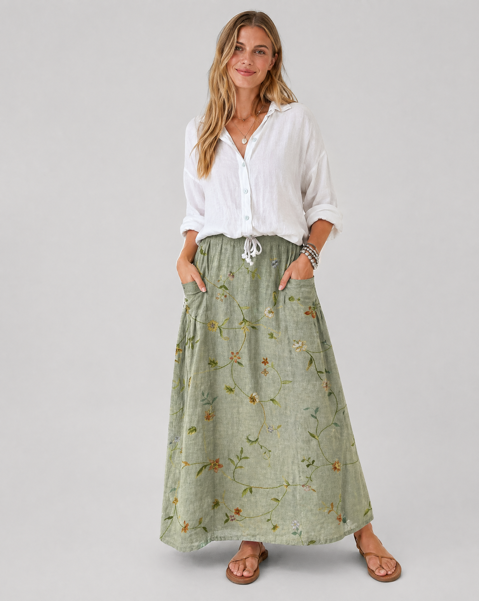 Retro Floral Art Sage Green A-Line Pocket Skirt 1