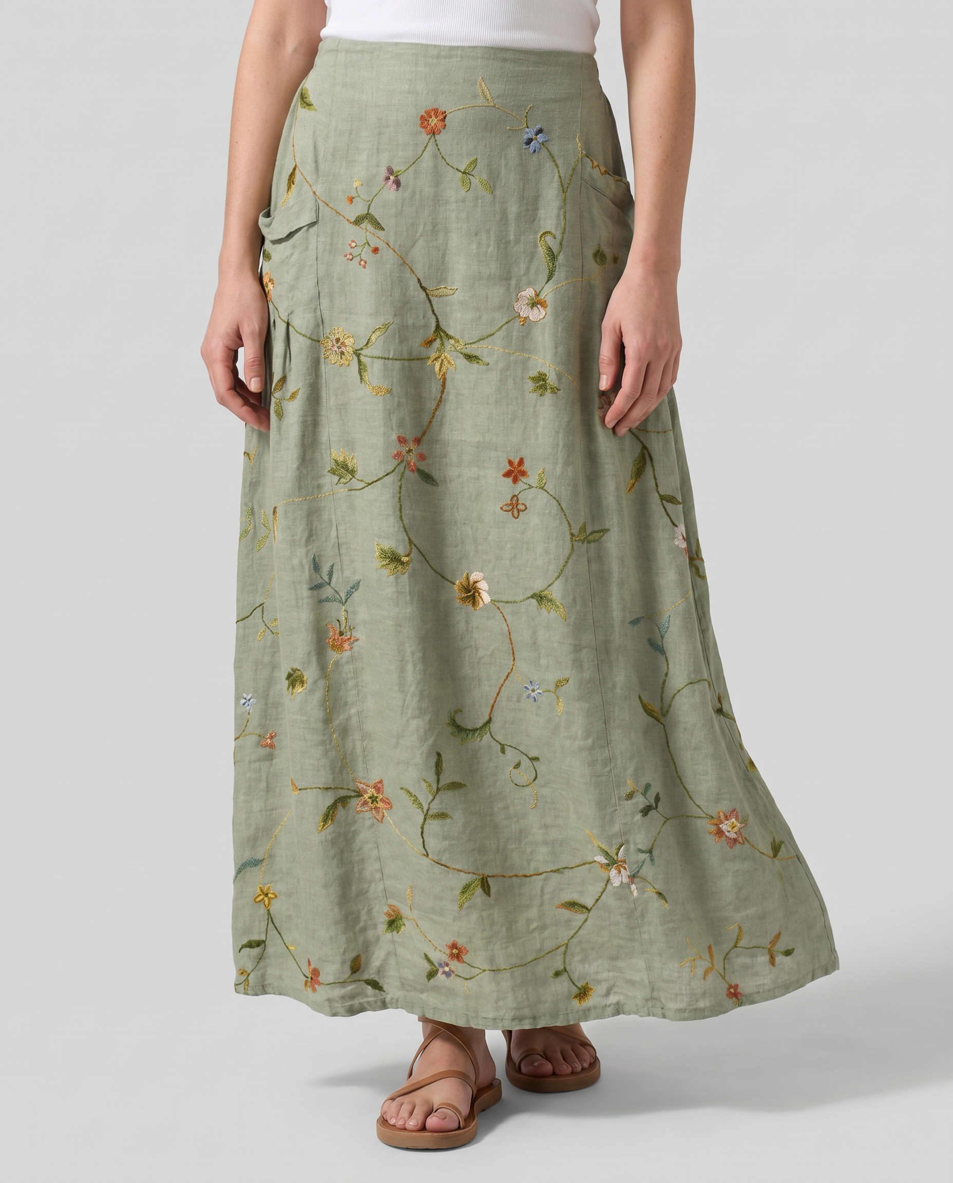 Retro Floral Art Sage Green A-Line Pocket Skirt 3
