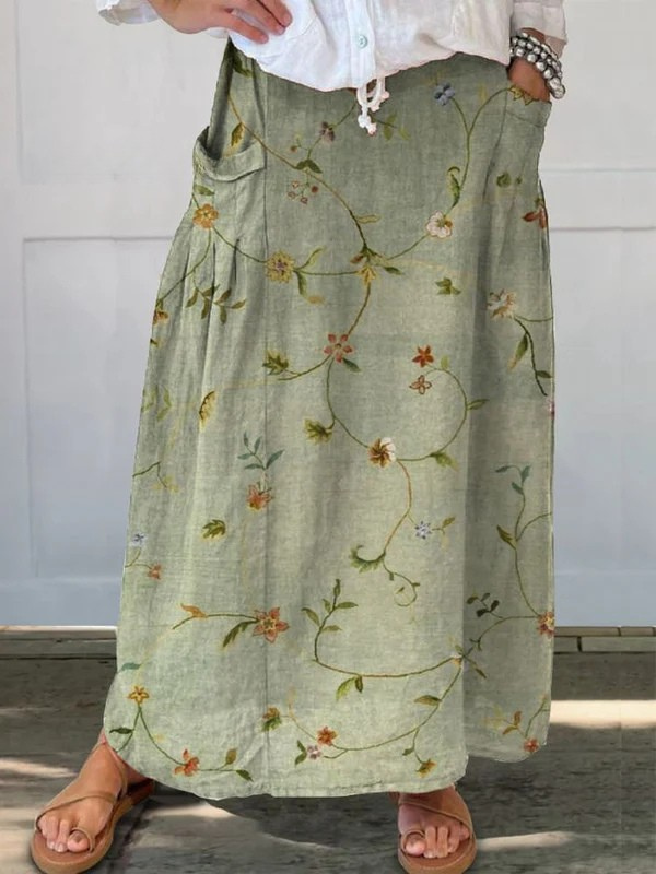 Retro Floral Art Sage Green A-Line Pocket Skirt 4
