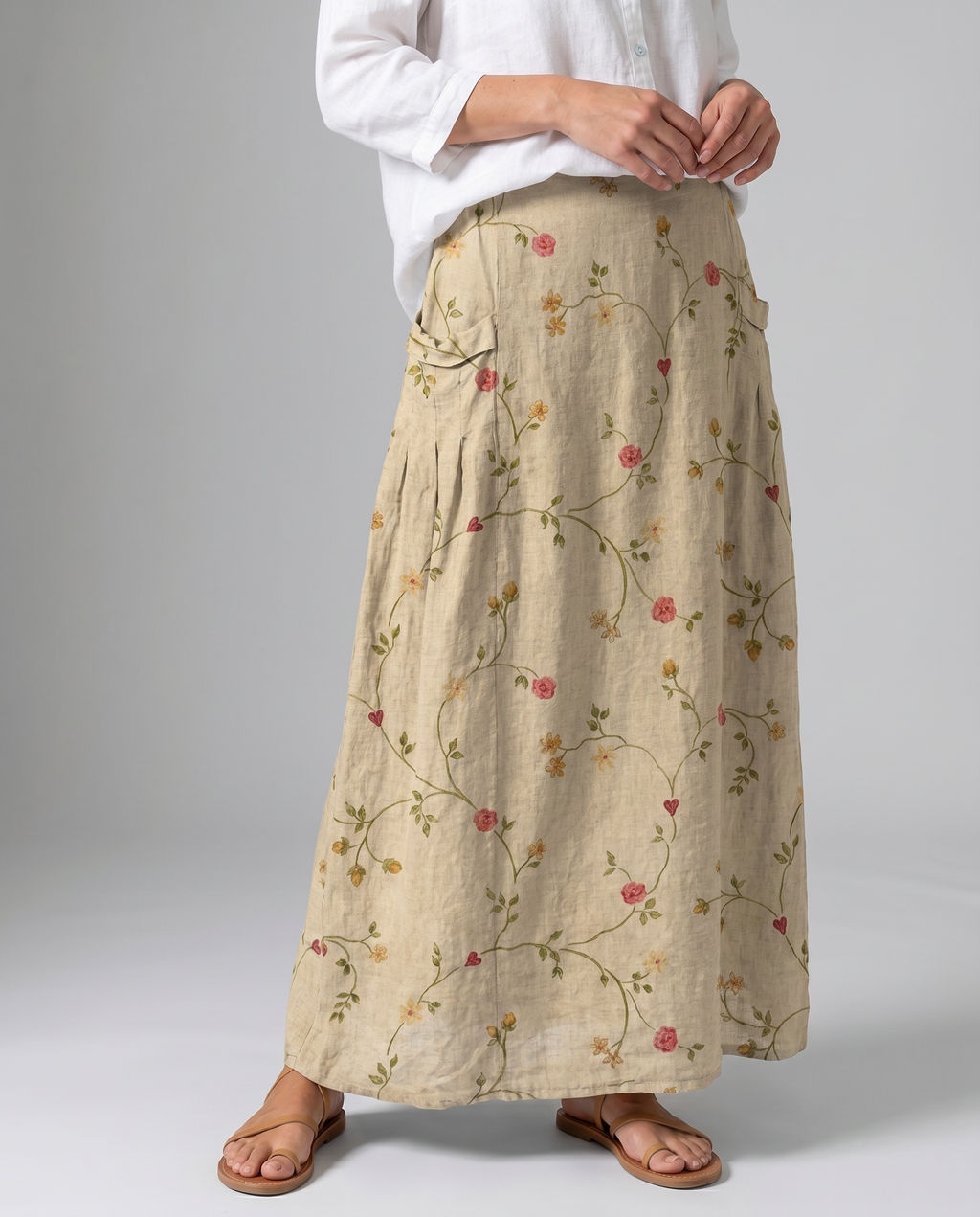 Retro Floral Print Beige A-Line Pocket Skirt 2
