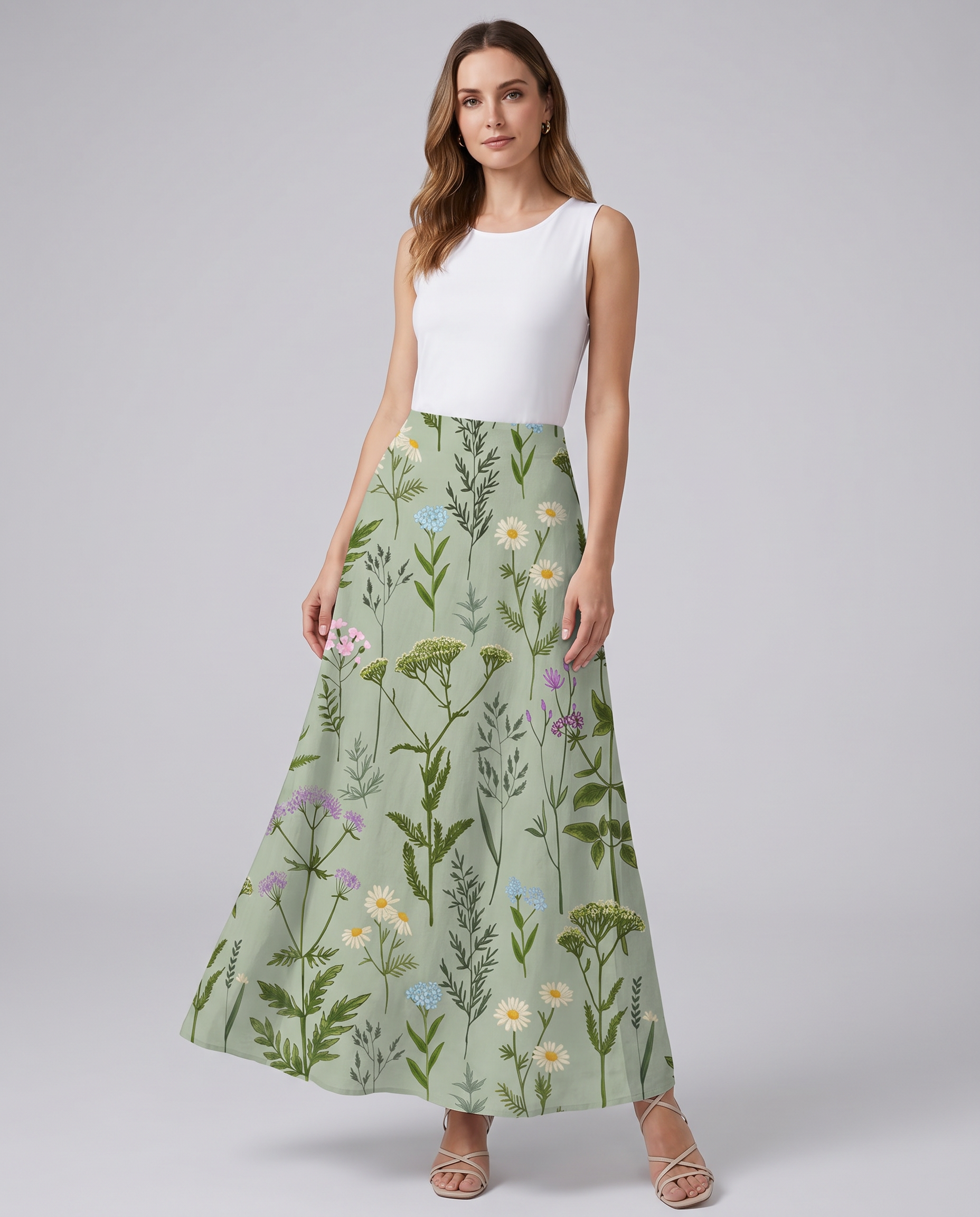 Spring Field Print Green A-Line Pocket Skirt 0