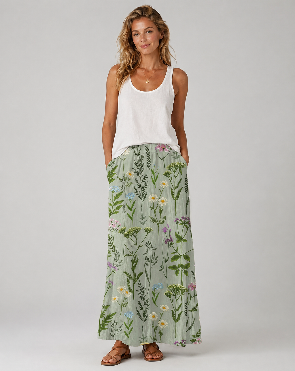 Spring Field Print Green A-Line Pocket Skirt 1