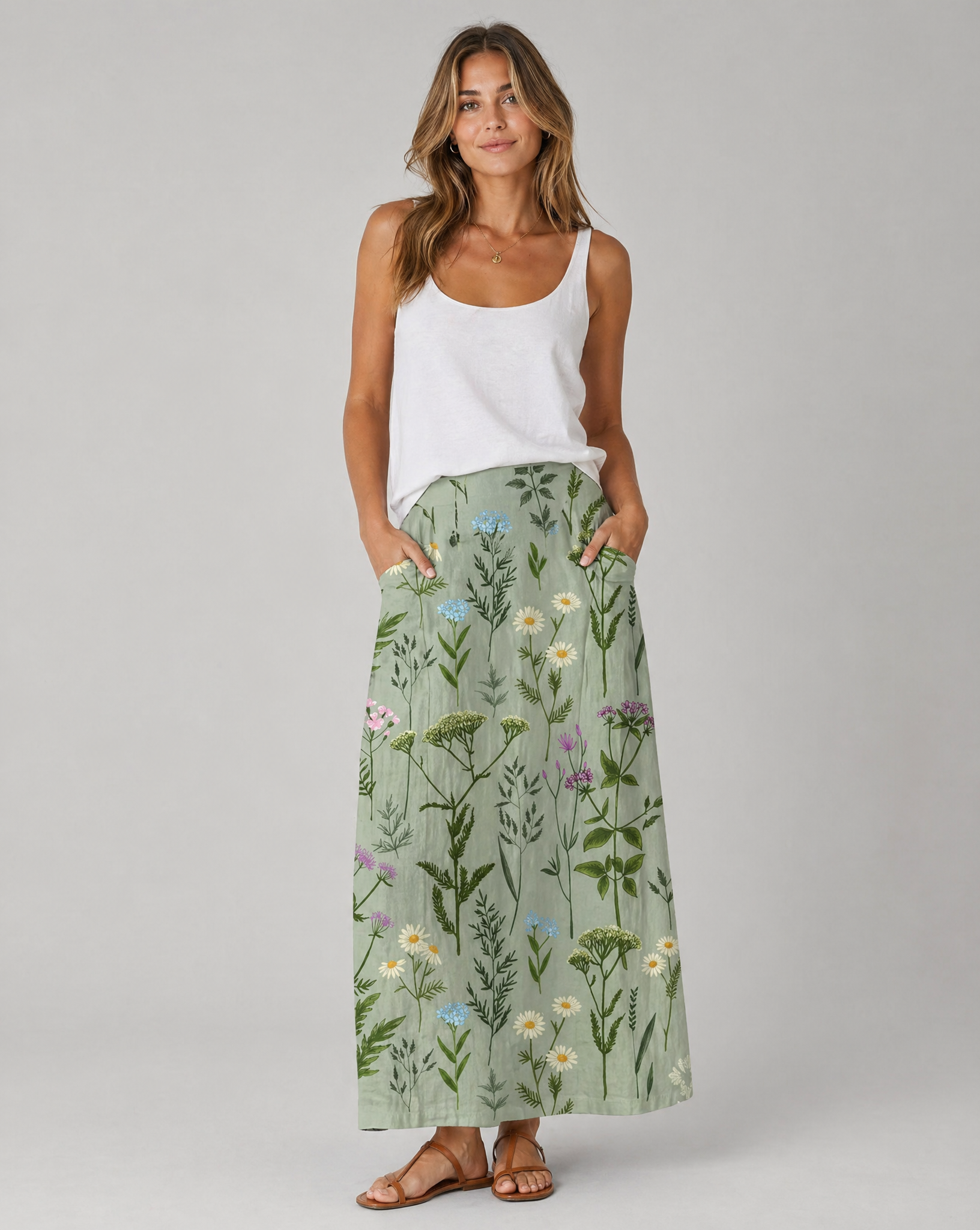 Spring Field Print Green A-Line Pocket Skirt 2