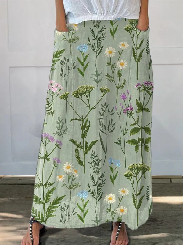 Spring Field Print Green A-Line Pocket Skirt 4