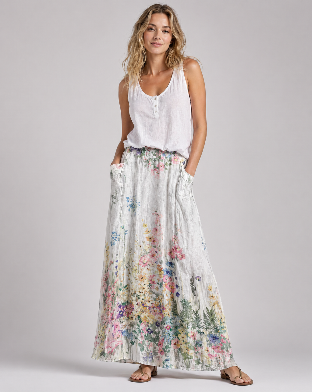 Vintage Botanical White A-Line Skirt with Elastic Waist 0