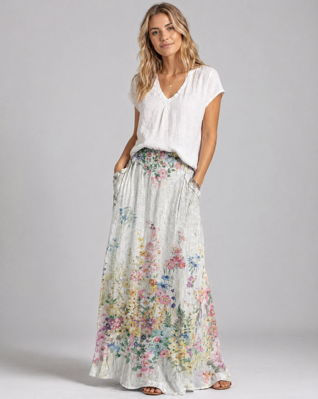 Vintage Botanical White A-Line Skirt with Elastic Waist 1