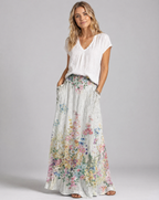 Vintage Botanical White A-Line Skirt with Elastic Waist 1