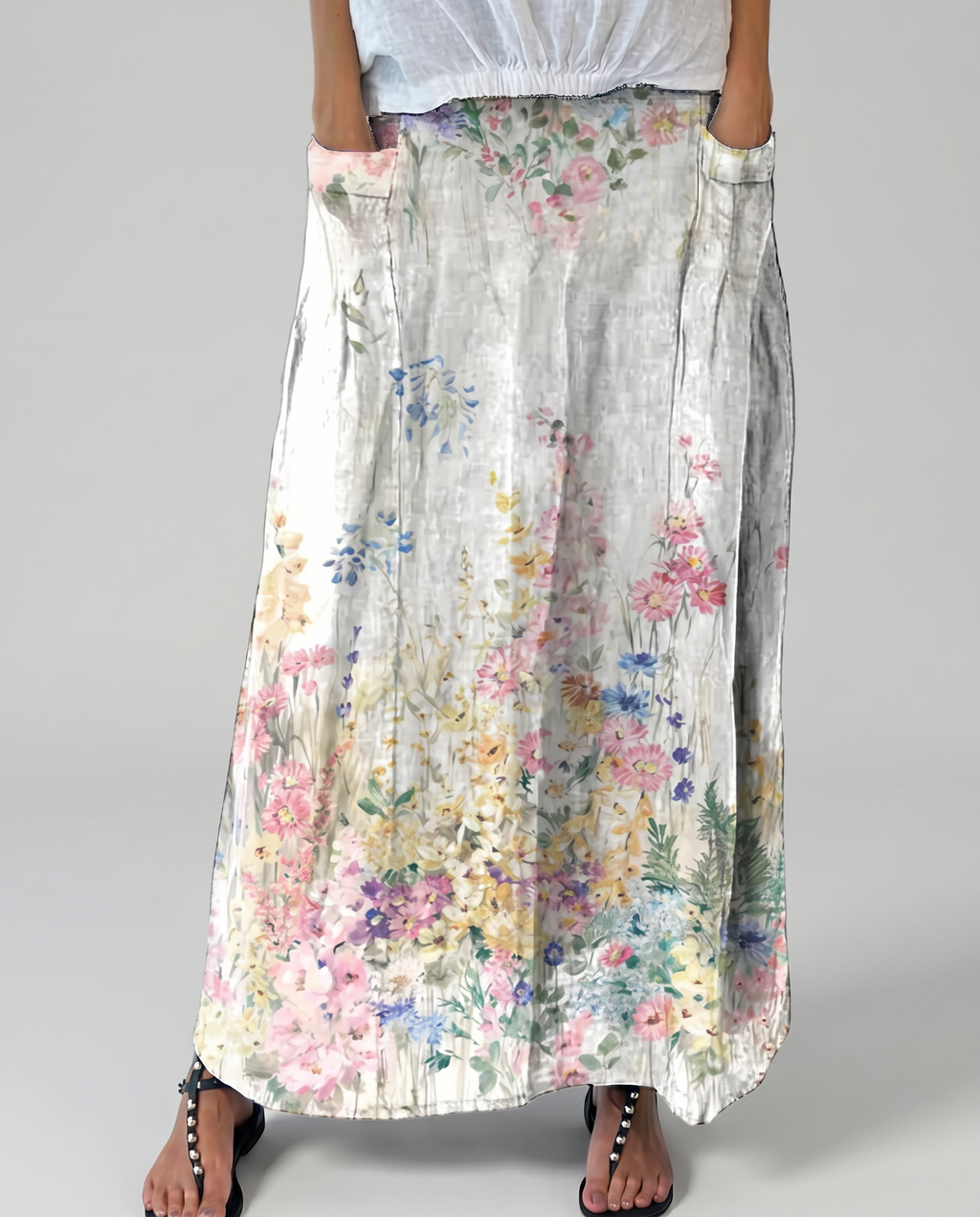Vintage Botanical White A-Line Skirt with Elastic Waist 3