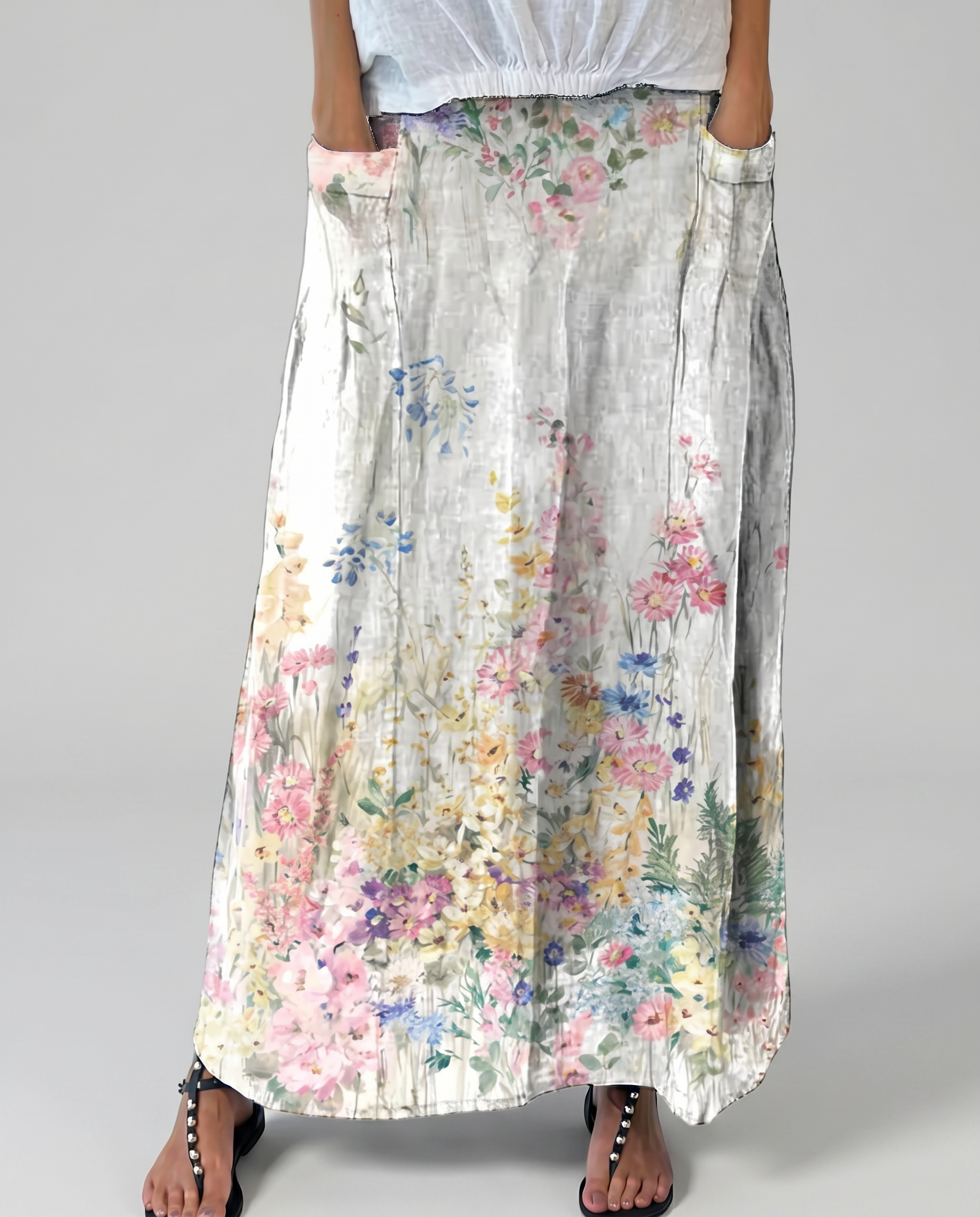 Vintage Botanical White A-Line Skirt with Elastic Waist 3