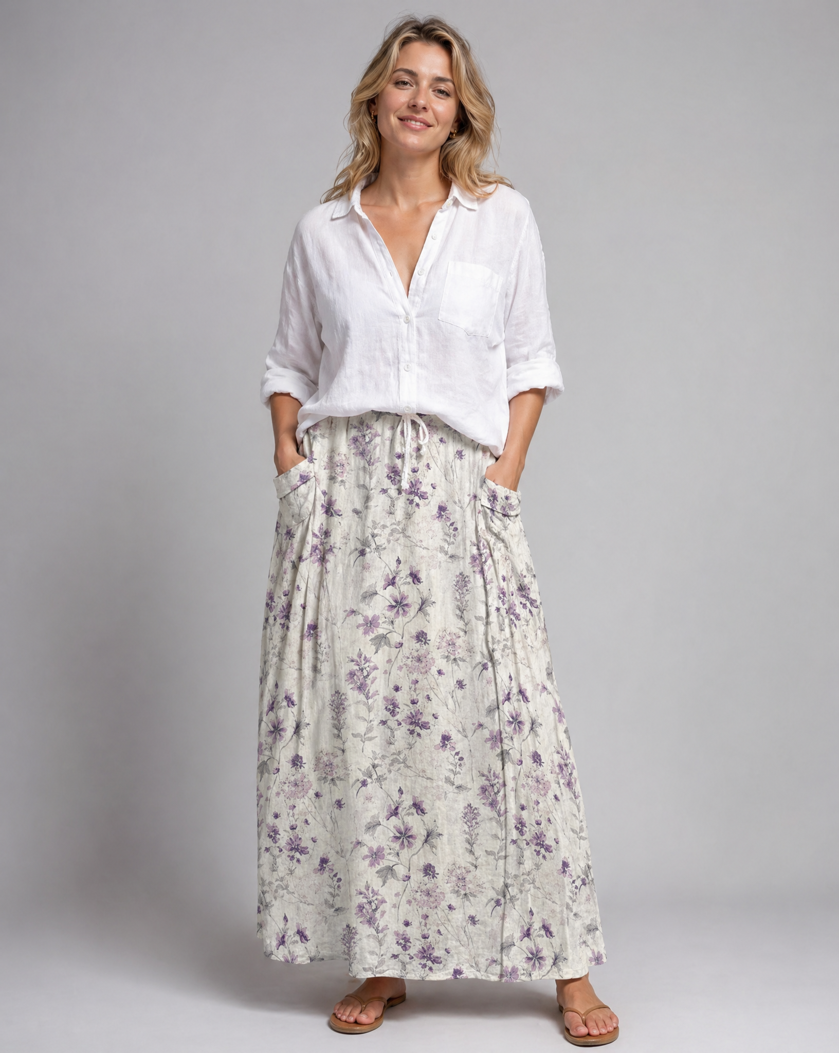 Vintage Floral Print White A-Line Pocket Skirt 0