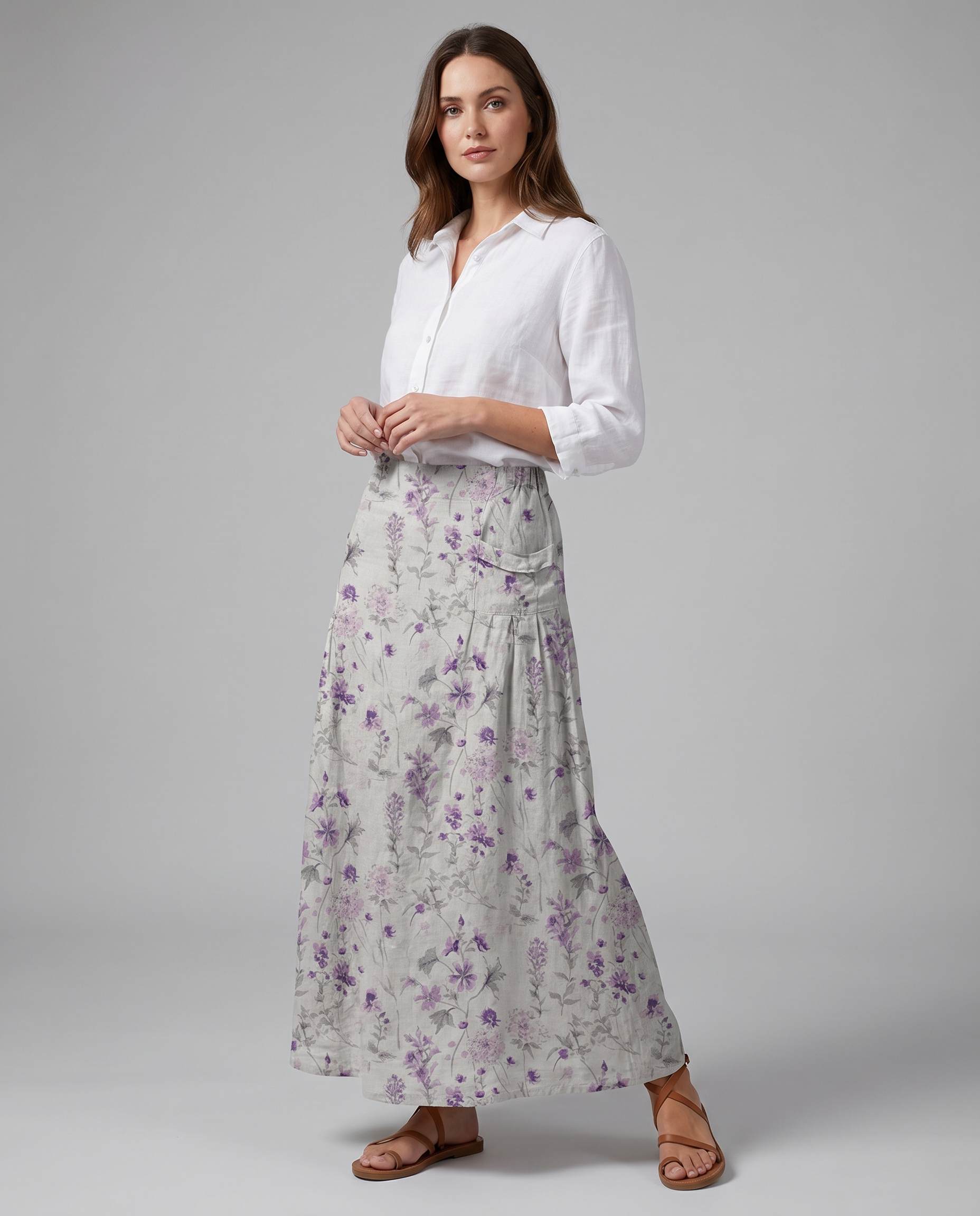 Vintage Floral Print White A-Line Pocket Skirt 1