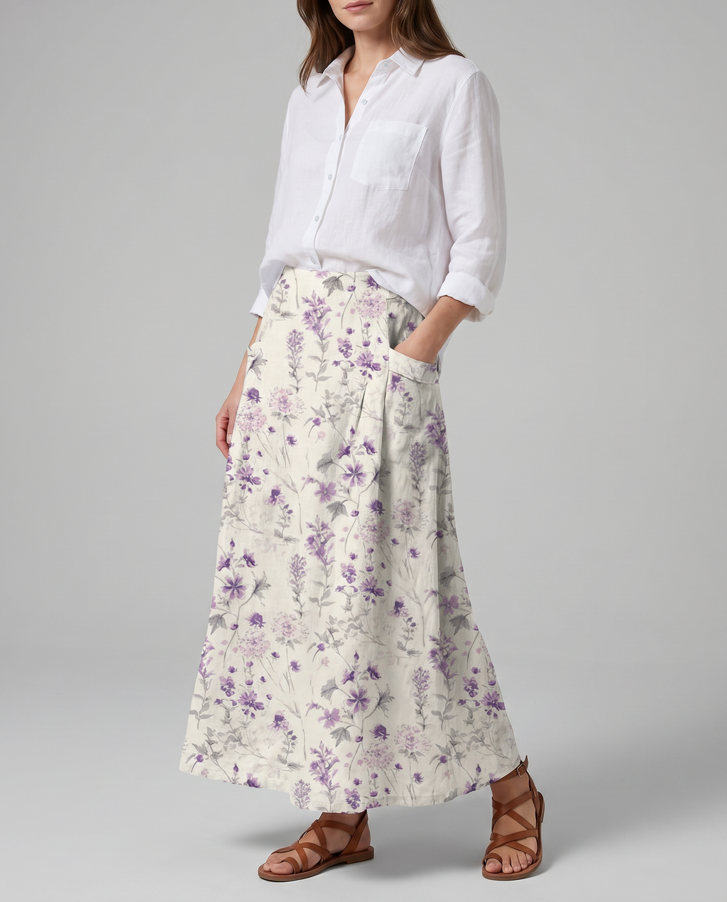 Vintage Floral Print White A-Line Pocket Skirt 2