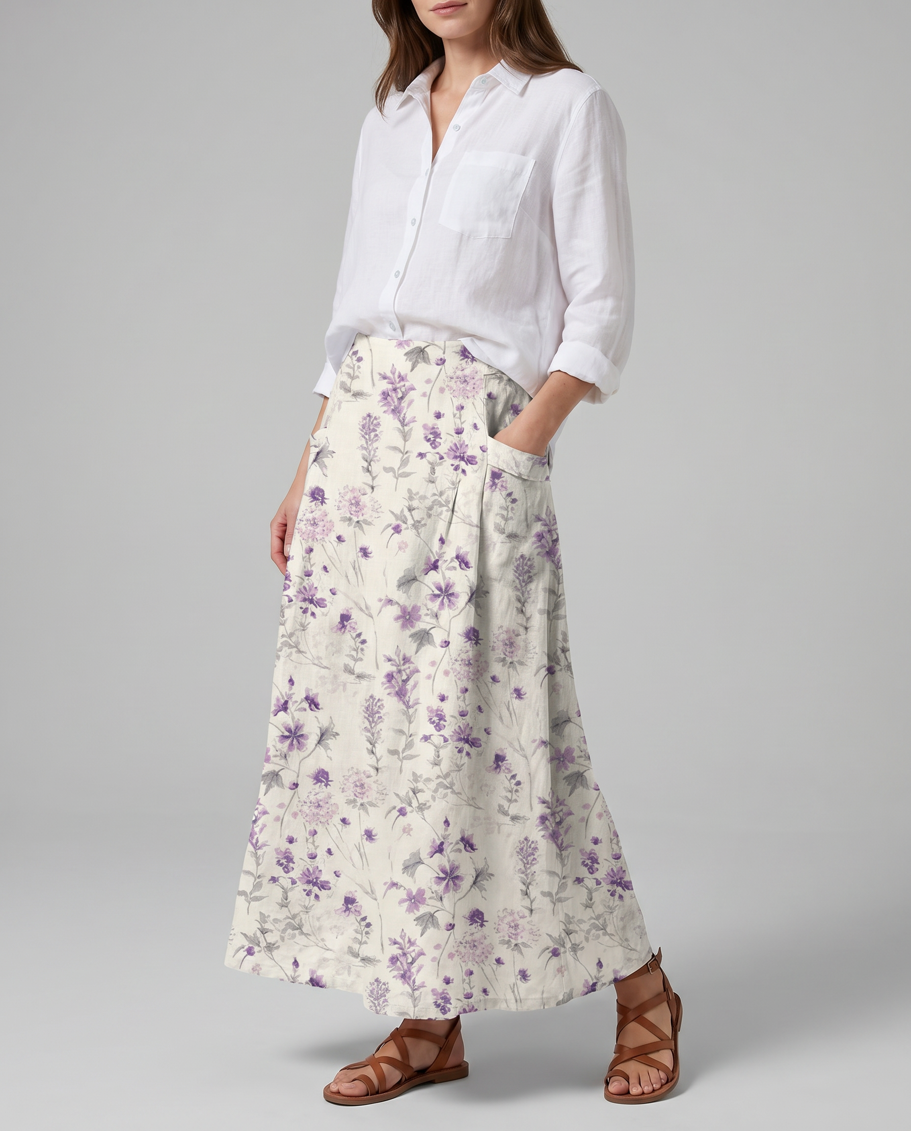 Vintage Floral Print White A-Line Pocket Skirt 2