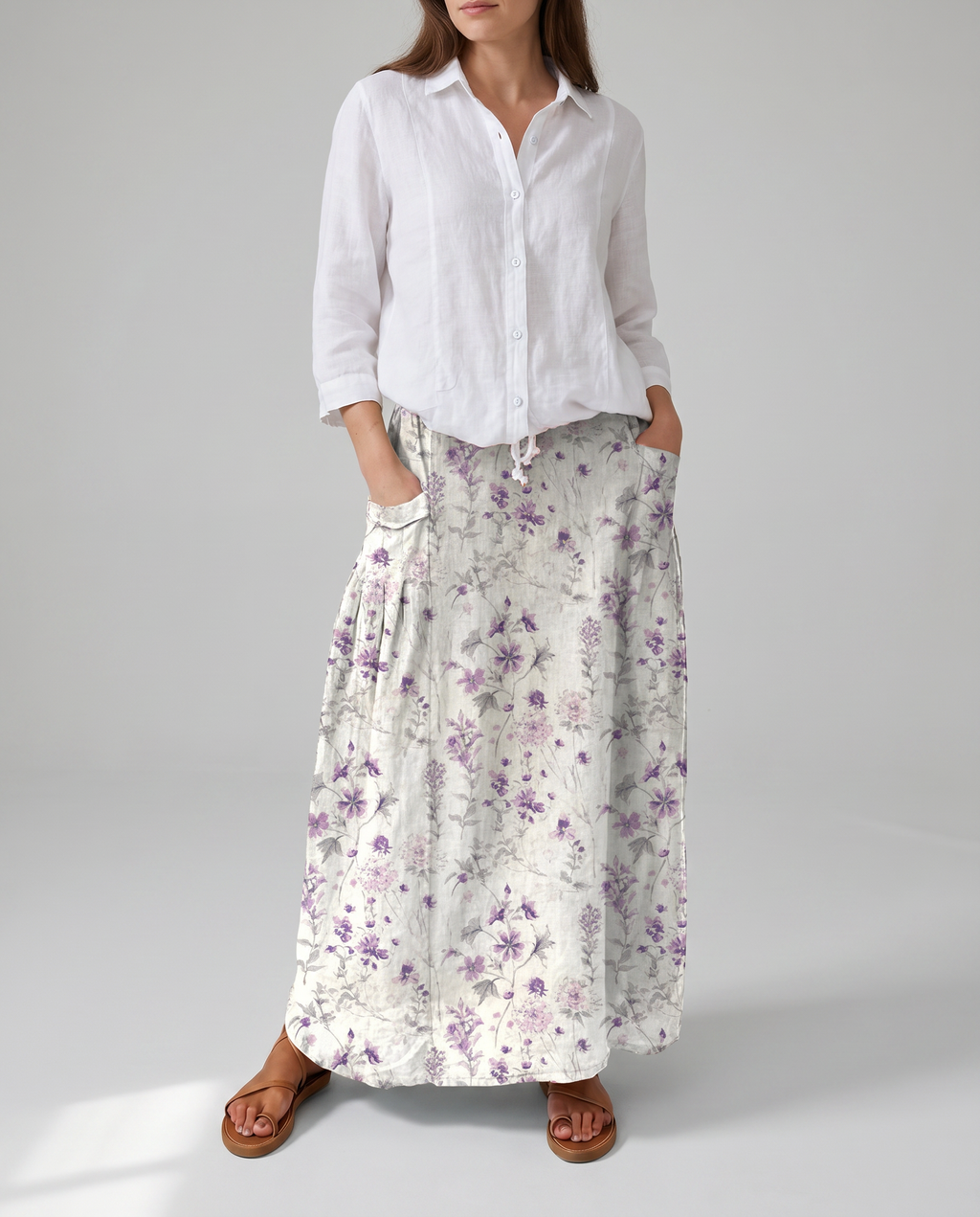 Vintage Floral Print White A-Line Pocket Skirt 3