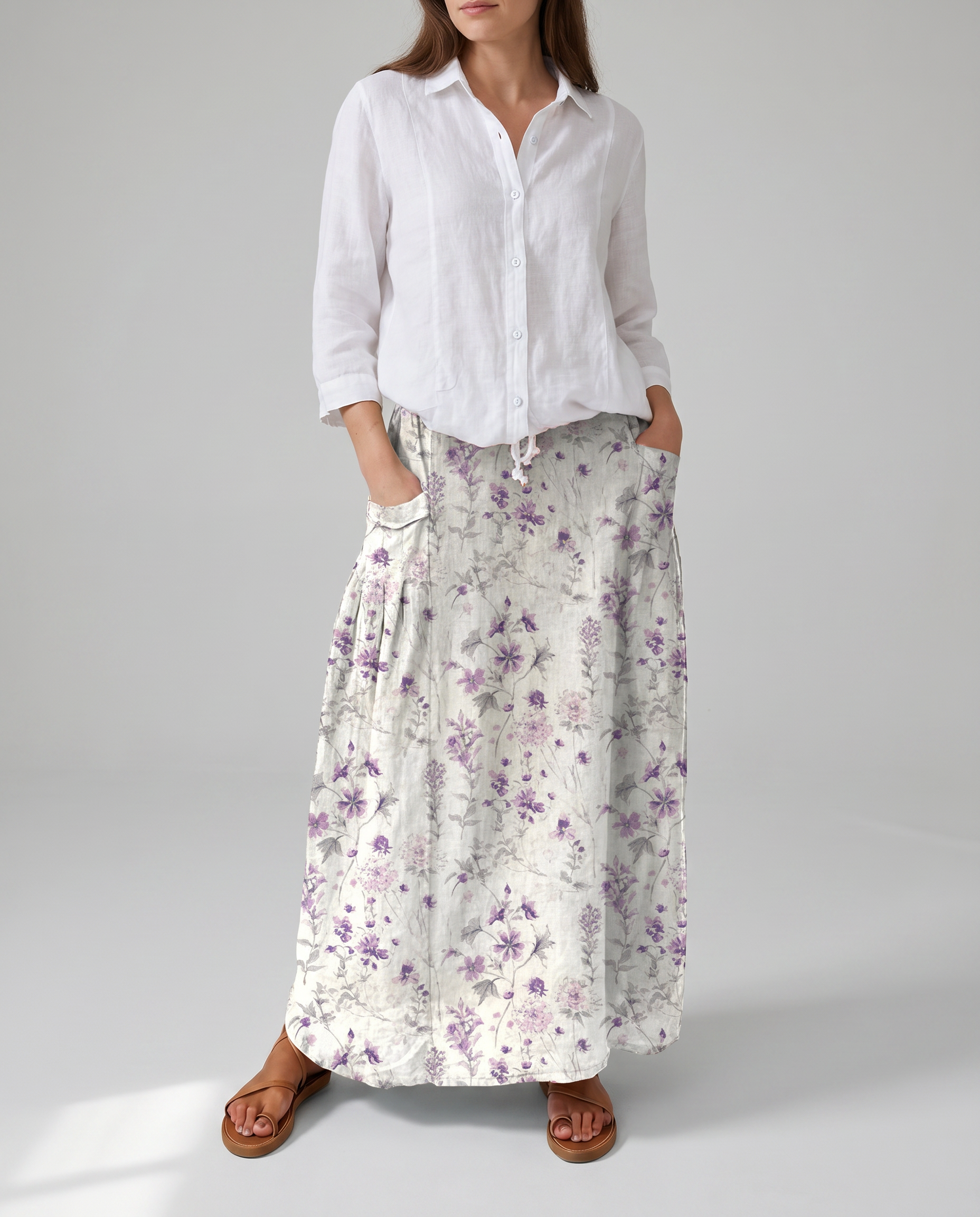 Vintage Floral Print White A-Line Pocket Skirt 3