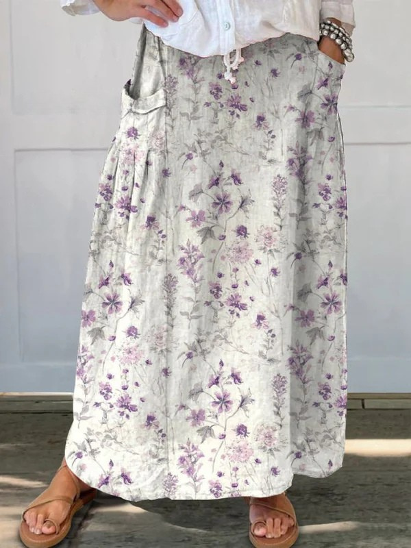 Vintage Floral Print White A-Line Pocket Skirt 4