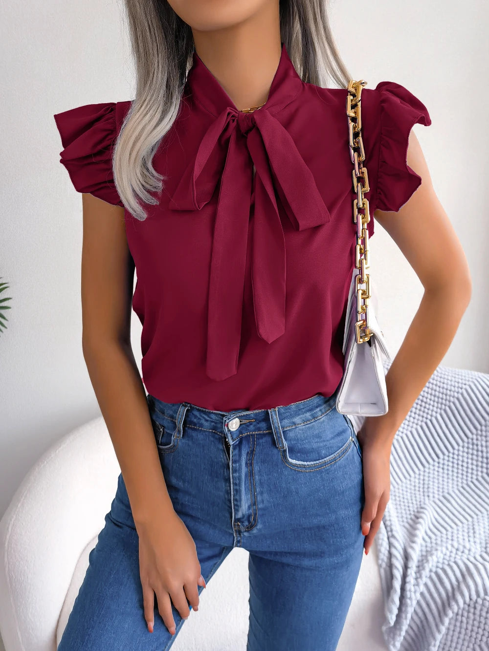 Women's Bow Tie Blouse – Chic Sleeveless Design for Elegant Office Wear 4