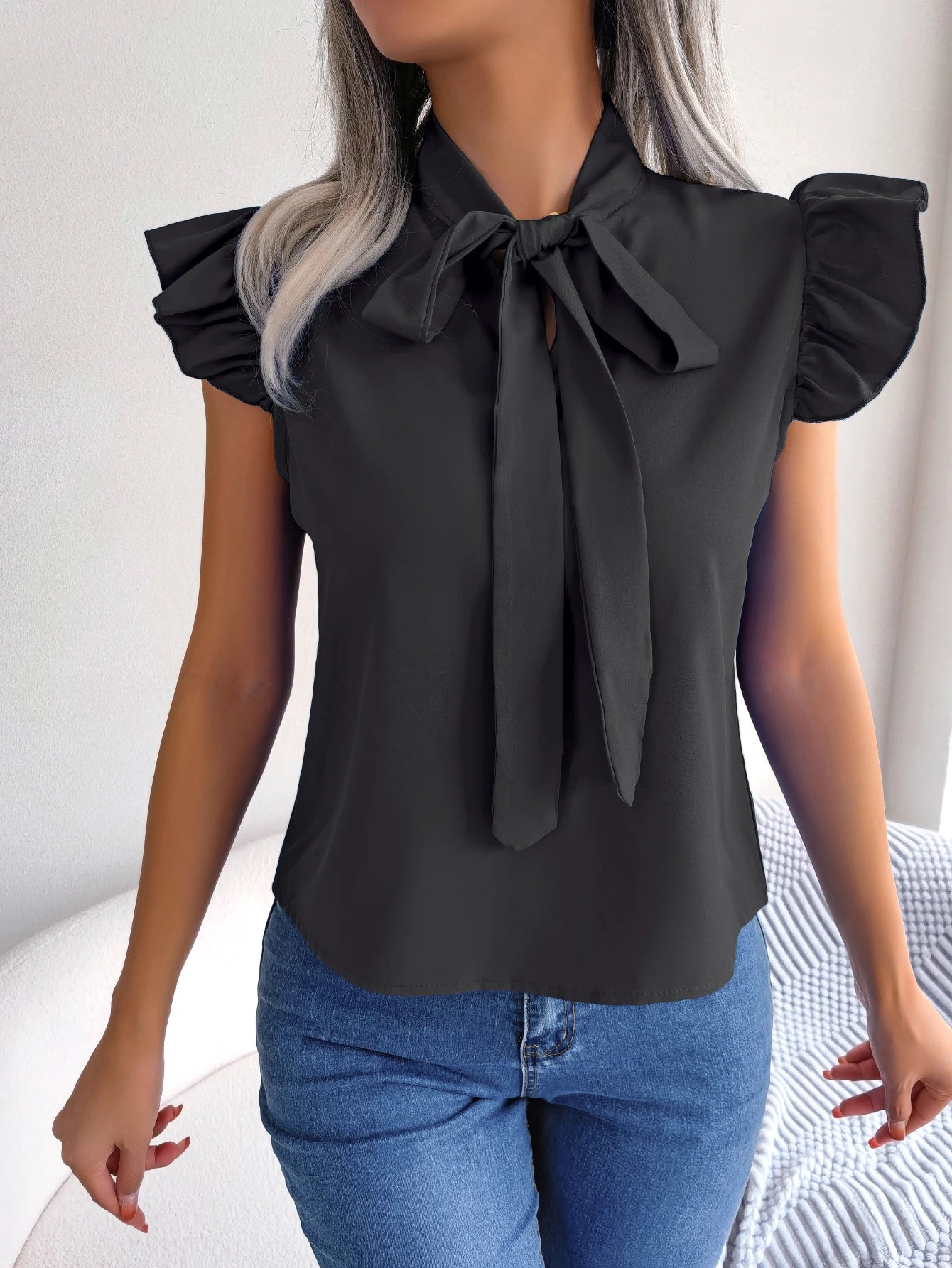 Women's Bow Tie Blouse – Chic Sleeveless Design for Elegant Office Wear 7