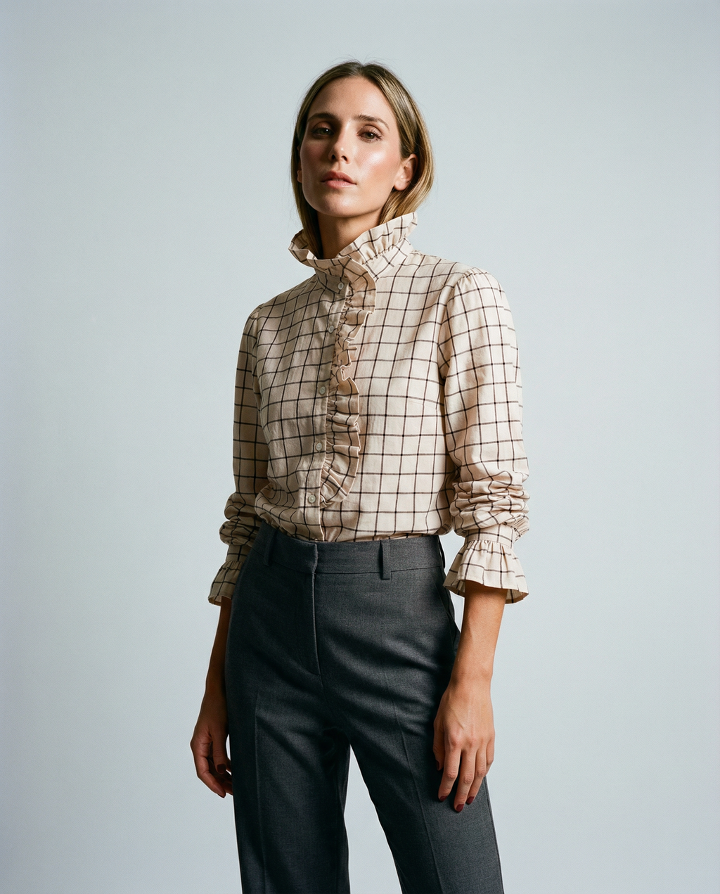 Women's Checked Blouse – Elegant Ruffle High-Neck Design for Chic Office Looks 0
