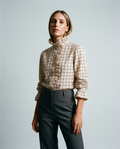 Women's Checked Blouse – Elegant Ruffle High-Neck Design for Chic Office Looks 0