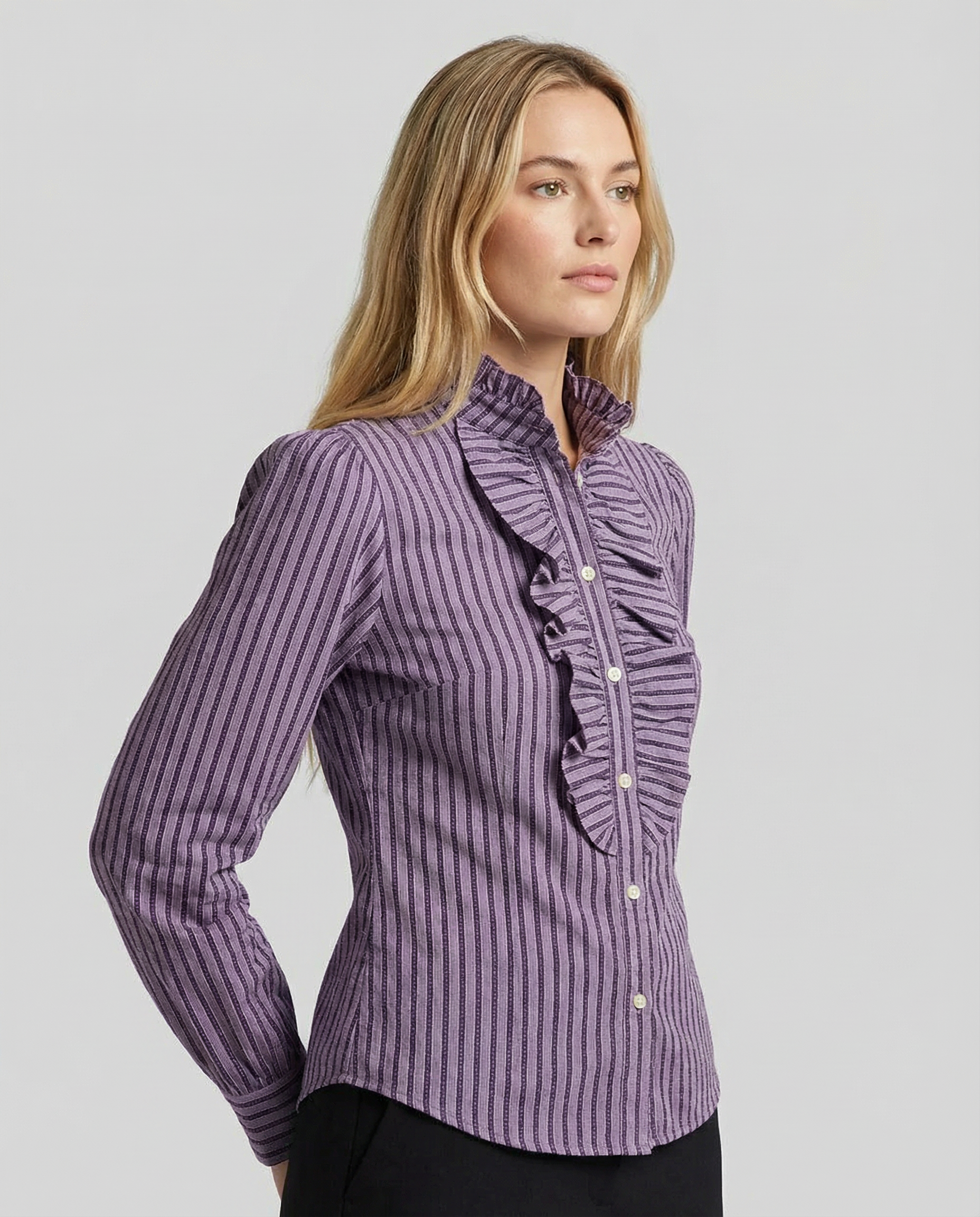 Women's Checked Blouse – Elegant Ruffle High-Neck Design for Chic Office Looks 1