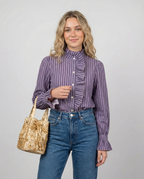 Women's Checked Blouse – Elegant Ruffle High-Neck Design for Chic Office Looks 2