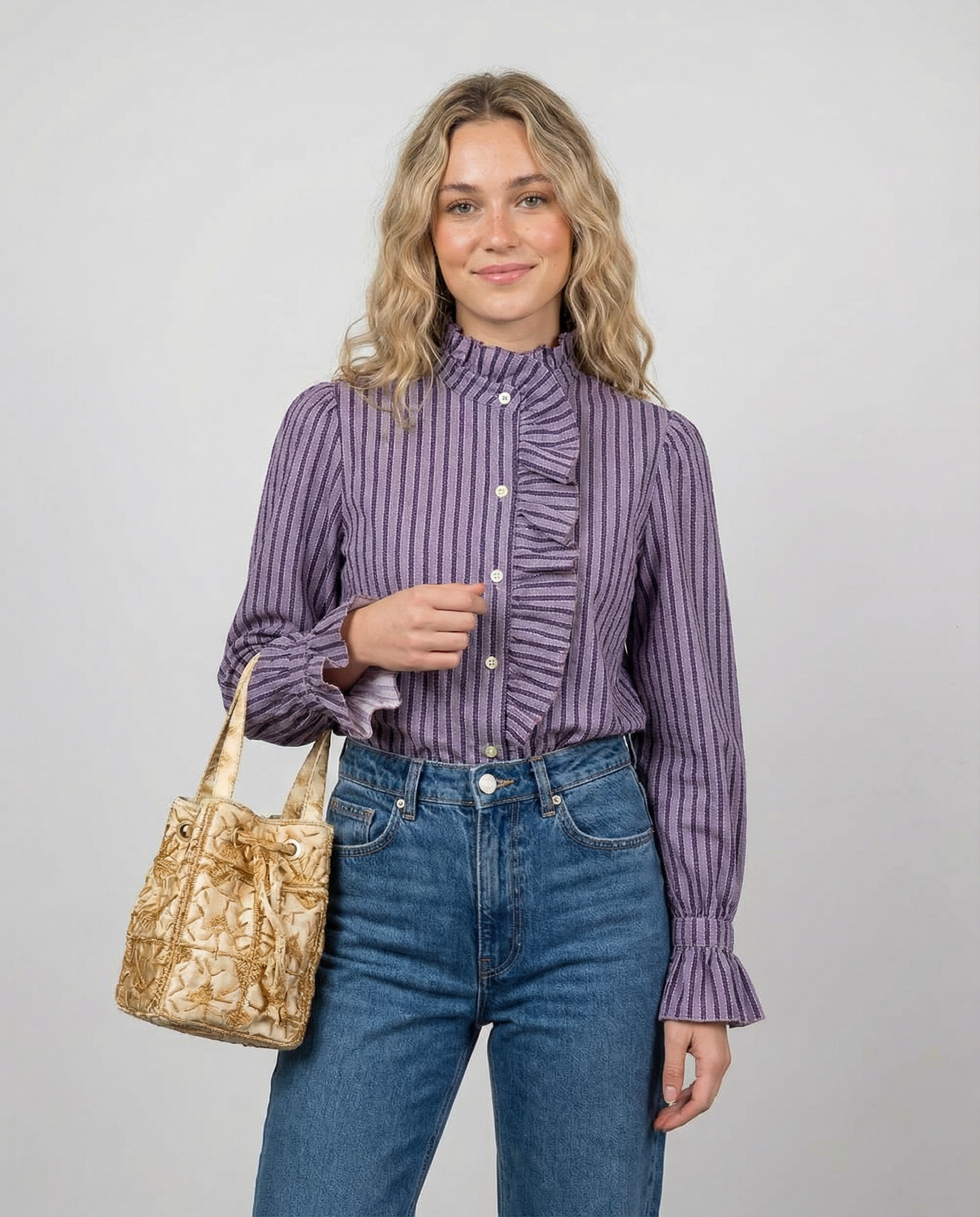 Women's Checked Blouse – Elegant Ruffle High-Neck Design for Chic Office Looks 2