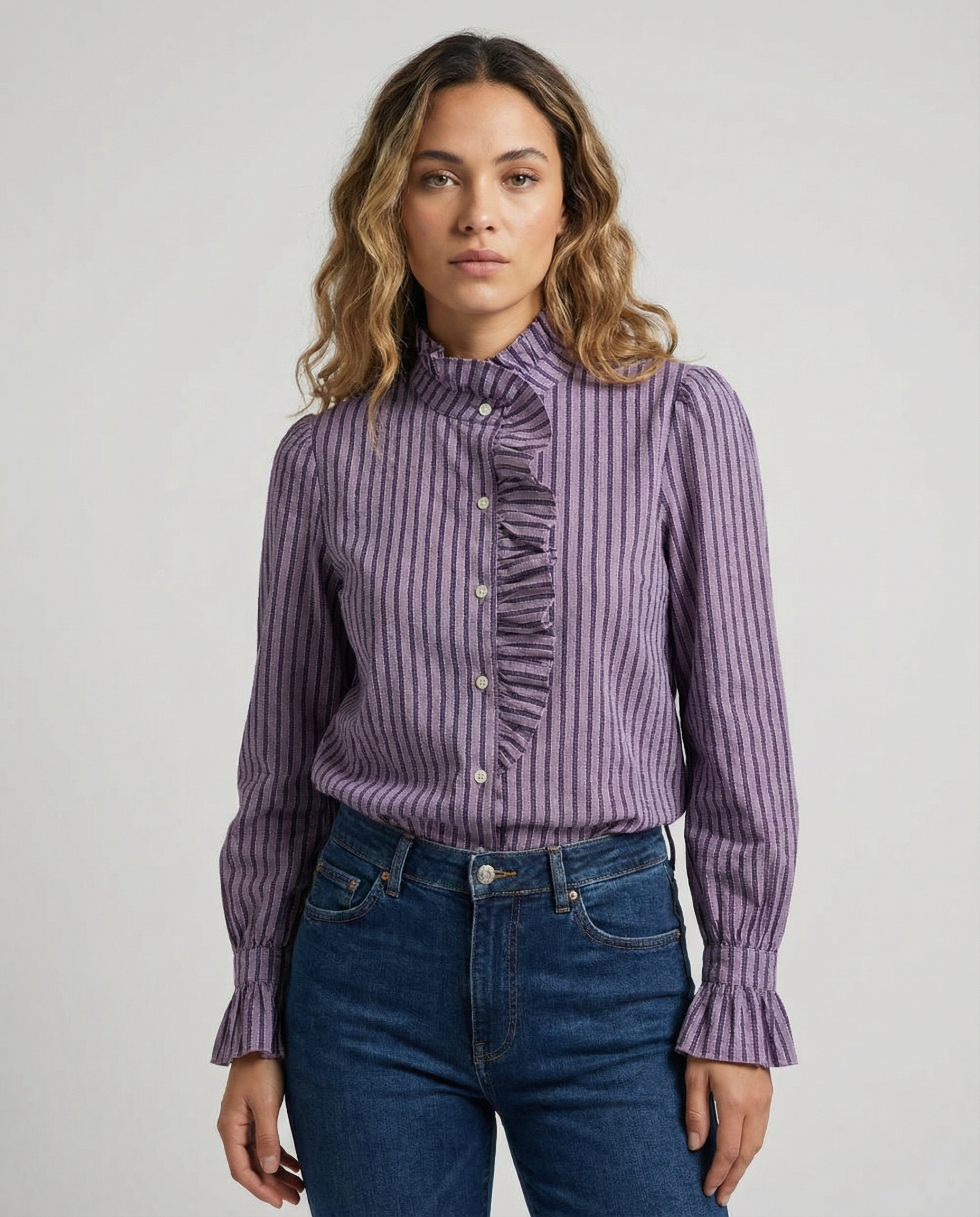 Women's Checked Blouse – Elegant Ruffle High-Neck Design for Chic Office Looks 3