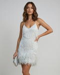 Women's Feather Hem Mini Dress – Shimmering Fringe Party Wear with Spaghetti Straps 0
