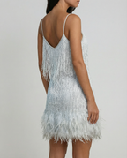 Women's Feather Hem Mini Dress – Shimmering Fringe Party Wear with Spaghetti Straps 2