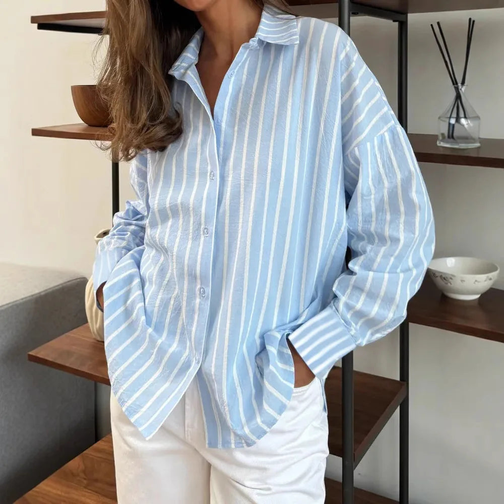 Women's Striped Button-Down Shirt – Relaxed Fit for Versatile All-Day Styling 4